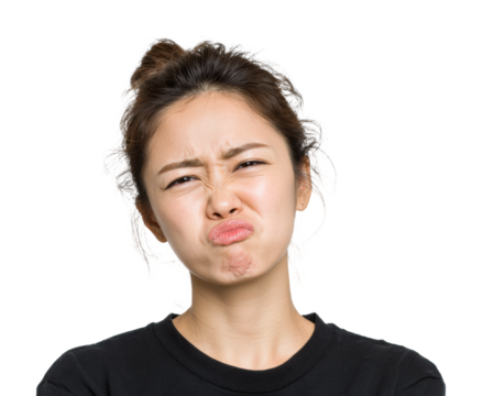 Woman expressing displeasure portrait isolated on transparent background