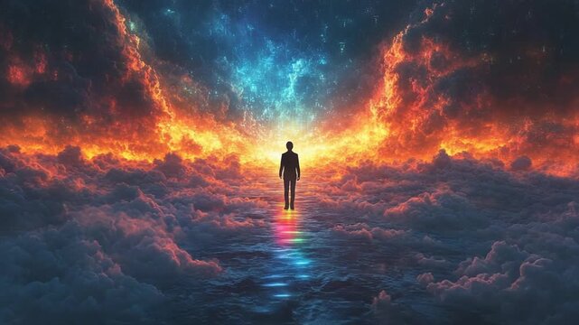 A lone figure stands on a path of light, surrounded by dramatic, colorful clouds, symbolizing a journey or spiritual awakening.