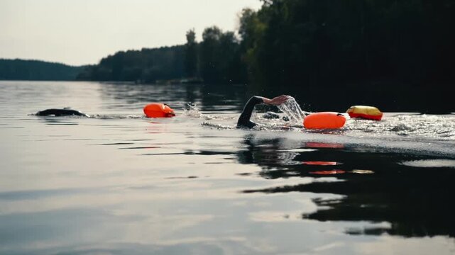 Open water swimming training in a lake
