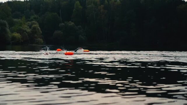 Open water swimming training in a lake