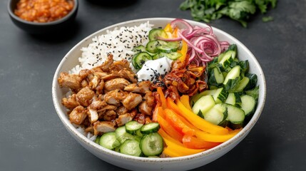 Colorful and Healthy Chicken Rice Bowl with Fresh Vegetables: Cucumber, Red Onion, Bell Pepper, and Spicy Sauce on a Dark Background, Asian Cuisine