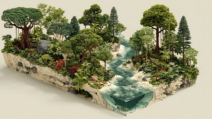 Isometric jungle showcases a river surrounded by diverse voxel trees and dense foliage