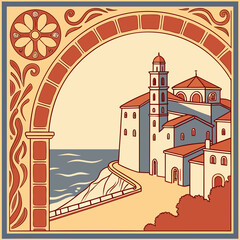 Picturesque coastal town with church illustration in vintage style design