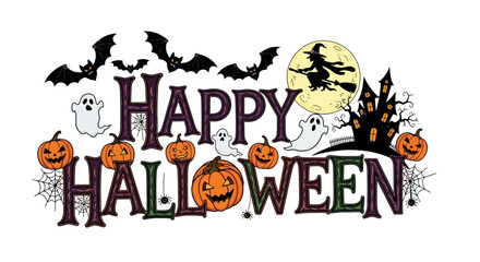 Fototapeta premium Halloween themed lettering vector design with bats and witch illustration, white background