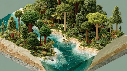 Isometric view reveals vibrant forest with dense trees along serene turquoise water