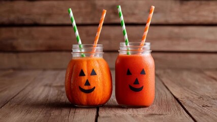 Two pumpkin-decorated jars with smoothies, festive Halloween vibe on rustic wooden table, autumnal colors evoke seasonal warmth and celebration