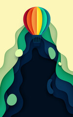Vector illustration design of hot air ballon on papercut background