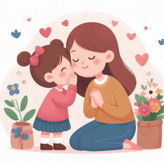 A heartwarming illustration of a young girl whispering a secret to her mother.