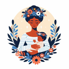 Beautiful Mother Holding Her Newborn Baby with Floral Adornments.