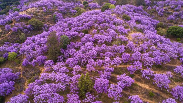 Aerial view of a hillside covered in blooming jacaranda trees