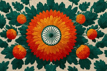 Ornate sunflower pattern featuring the Indian Chakra surrounded by verdant foliage and vibrant orange blooms