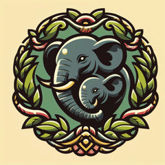 Elephant family portrait within decorative floral frame design.