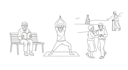 Line art illustration of elderly people in various activities and postures, white background