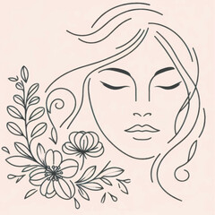 Minimalist line art drawing of a serene woman with flowers.
