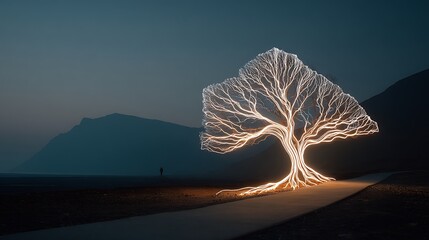 Solitary walker approaches a glowing electric tree at twilight under a dark sky