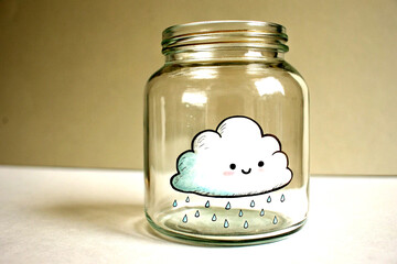 Cloud shaped creature confined within a transparent glass jar