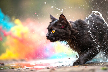 Black cat close up with splashing water and vibrant paint explosion