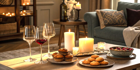 Cozy interior scene with wine glasses, candles, and warm tones