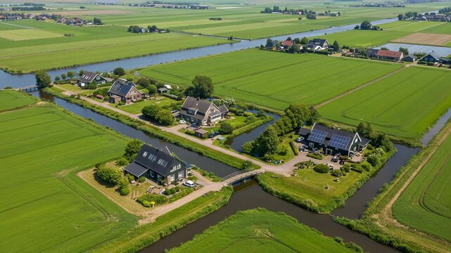 Aerial view of houses with solar panels in green dutch polder landscape