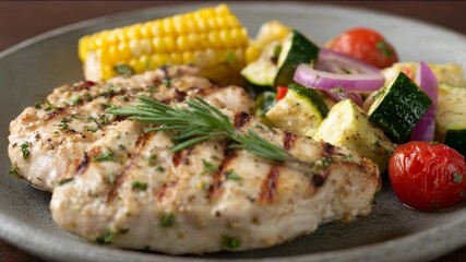 Grilled chicken served with colorful vegetables, healthy and nutritious meal idea, perfect for summer gatherings and barbecues