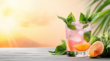 Refreshing Pink Grapefruit Cocktail with Mint, Ice, and Lime, Served on a Wooden Table with a Tropical Background, Summer Drink, Close Up View