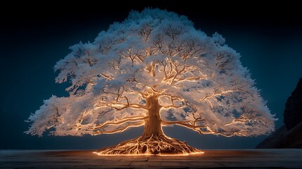 The glowing roots illuminate a radiant white tree against a dark, mysterious backdrop