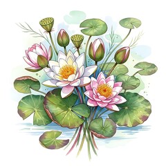 Watercolor Water Lilies - A Delicate Floral Arrangement.