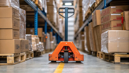 Global supply chain logistics disruption pallet jack in busy warehouse aisle with stacked cardboard boxes and wooden pallet
