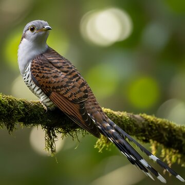 Hodgsons Hawk-Cuckoo Perched on Mossy Branch in Lush Forest.