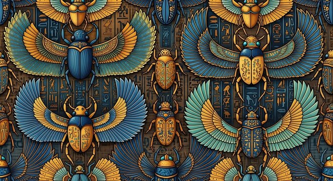 Magnificent scarab beetles seamless pattern with wings and hieroglyphs