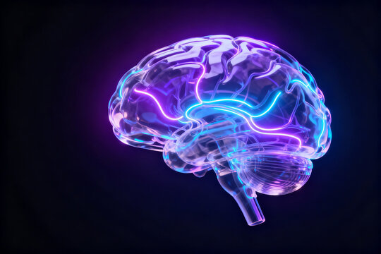 Transparent glowing brain with neon lines
