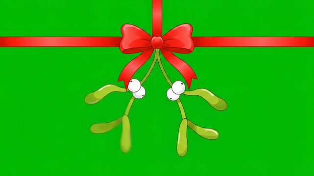 Cartoon Mistletoe with Eyes and Red Bow on Green Screen