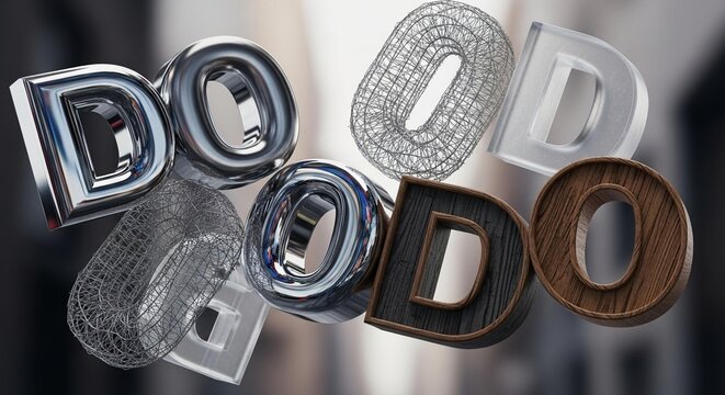 A collection of the letter 'D' rendered in various materials and styles, floating in a blurred background. - Powered by Adobe