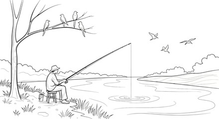 Line art vector illustration depicting a tranquil riverside scene with a fisherman and birds, white background