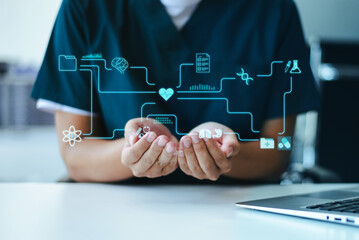 Healthcare professional or scientist interacts with a futuristic hexagonal interface of medical, science, and AI icons, representing global health data and research.