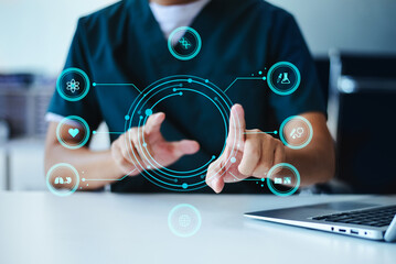 Healthcare professional or scientist interacts with a futuristic hexagonal interface of medical, science, and AI icons, representing global health data and research.