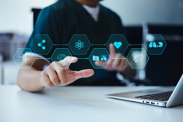 Healthcare professional or scientist interacts with a futuristic hexagonal interface of medical, science, and AI icons, representing global health data and research.