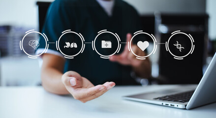Healthcare professional or scientist interacts with a futuristic hexagonal interface of medical, science, and AI icons, representing global health data and research.