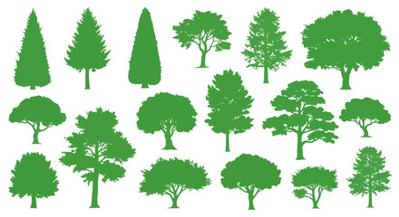 Collection of diverse green tree silhouettes for landscape design and environmental illustrations, white background © Alfarizi