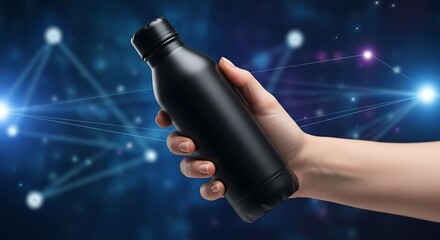 Hand Holding Black Water Bottle Against Digital Background.