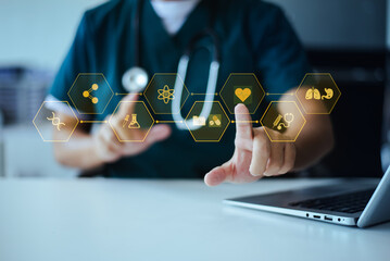 Healthcare professional holds a stethoscope, interacting with a digital interface of medical, science, and AI icons.