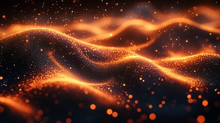 Abstract golden particles cascade over dark waves creating an ethereal, shimmering cosmic landscape