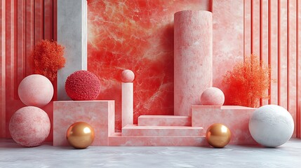Abstract geometric showcases marble structures, spheres, golden ball, and decorative shrubbery