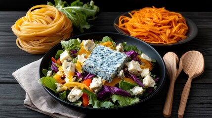 Gourmet Salad with Blue Cheese and Pasta: A Colorful and Delicious Dish with Fresh Vegetables and Wooden Utensils