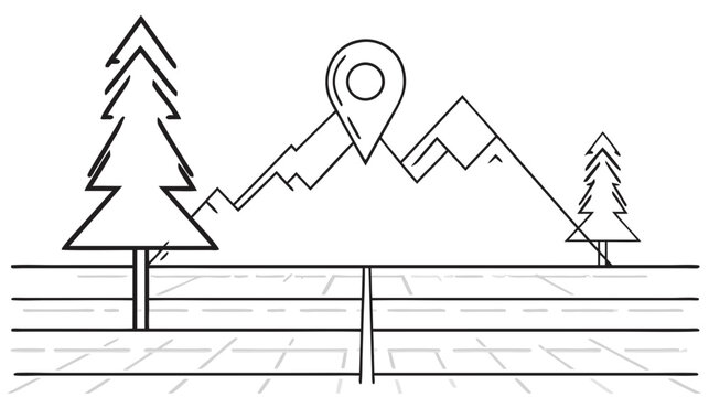 Line art illustration of a road trip journey to a mountain destination, symbolizing travel, adventure, and navigation to scenic outdoor nature.