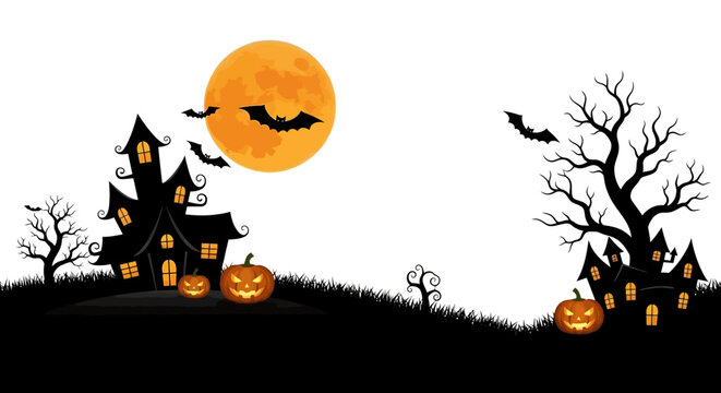 Halloween Night Landscape with Spooky Houses, Pumpkins and Bats Flying in Front of Orange Full Moon, white background - Powered by Adobe
