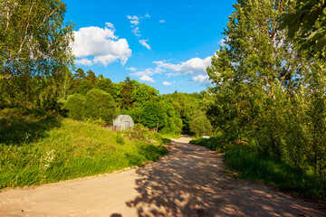 A picturesque dirt road winding through lush green trees under a vibrant blue sky with white clouds. Sunlight casts long shadows, highlighting a rustic shed nestled on a grassy hillside