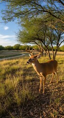 Whitetail Deer in Texas Field at Sunset.
