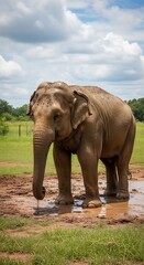 Asian Elephant Standing in Muddy Field Under Cloudy Sky.