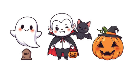Cute Cartoon Halloween Characters: Ghosts, Vampire, Bat, and Pumpkin Friends in a Vector Illustration, white background